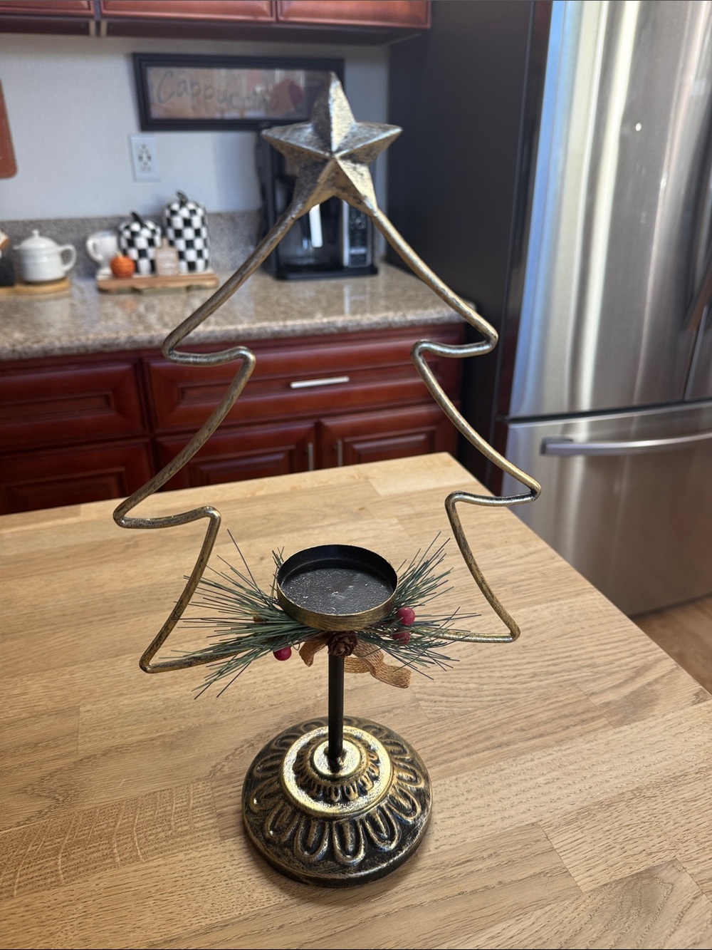 Gold Metal Christmas Tree Candle Holder with Pine Accent